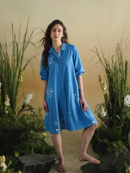 Pink Fort - Women Cotton Blue Floral Shirt Collar Dress