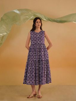 Pink Fort - Women Cotton Purple Geometric Fit & Flare Dress