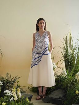 Pink Fort - Women Cotton Off White Abstract Printed A-Line Dress