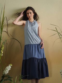 Pink Fort - Women Navy Blue Cotton Colorblock Maxi Dress