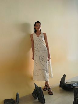 Pink Fort - Women Off White Cotton Floral Maxi Dress