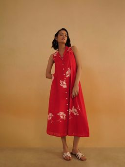 Pink Fort - Women Red Cotton Floral Midi Dress