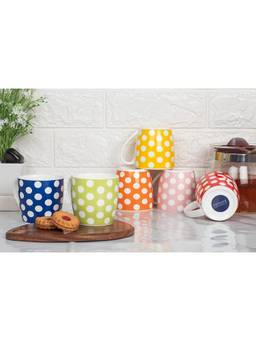 Femora - Indian Ceramic Fine Bone China Polka Dots Multicolour Tea Cup - 6 Pcs - 160 Ml