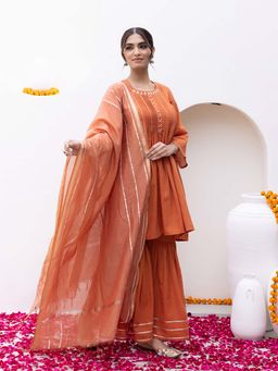 Bud & Tulip - Womens Cotton Embroidered Rust Kurti with Sharara and Dupatta