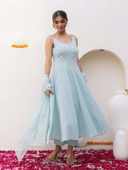 Bud & Tulip - Womens Cotton Sequined Blue Kurta with Pant and Dupatta