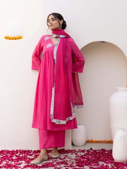 Bud & Tulip - Womens Cotton Sequined Pink Anarkali Kurta with Pant and Dupatta