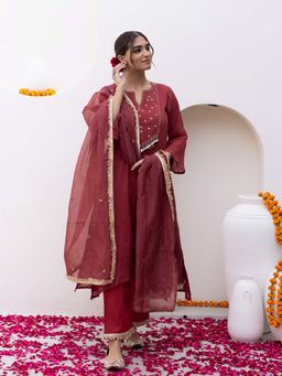 Bud & Tulip - Womens Cotton Sequined Maroon Kurta with Pant and Dupatta