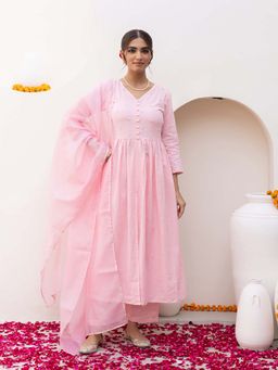 Bud & Tulip - Womens Cotton Sequined Pink Anarkali Kurta with Pant and Dupatta