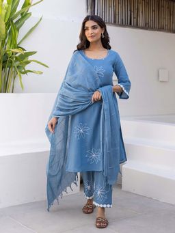 Bud & Tulip - Womens Cotton Floral Blue Kurta with Pant and Dupatta