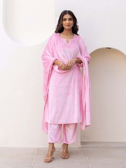 Bud & Tulip - Womens Cotton Sequined Pink Kurta with Pant and Dupatta