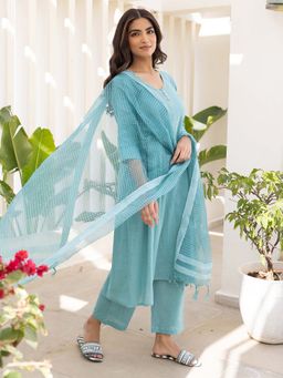 Bud & Tulip - Womens Cotton Embroidered Blue Anarkali Kurta with Pant and Dupatta