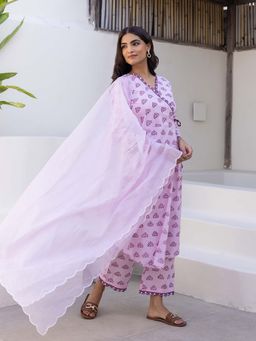 Bud & Tulip - Womens Cotton Printed Purple Angrakha Kurta with Pant and Dupatta