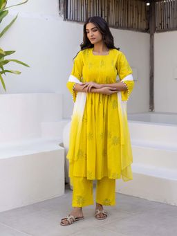 Bud & Tulip - Womens Cotton Floral Yellow Kurta with Pant and Dupatta