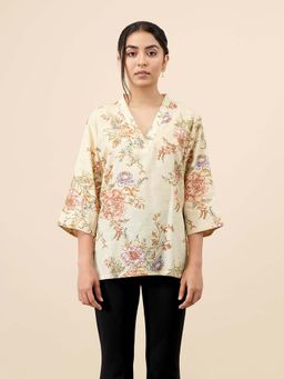 Celery - Womens Cotton Floral Cream Kurti