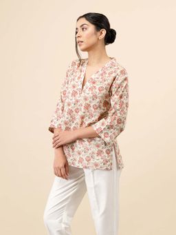 Celery - Womens Cotton Floral Beige Kurti