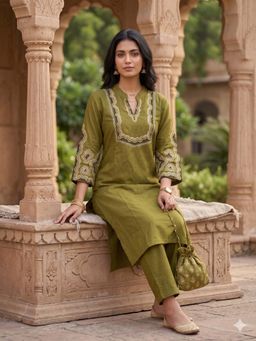 SERONA FABRICS - Women Floral Olive Design Thread Work Straight Kurta with Pant