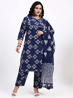 Yufta - Women Blue cotton Lace-Work straight Kurta with Pant and Dupatta