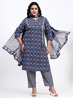 Yufta - Women Navy Blue cotton straight Kurta with Pant and Dupatta