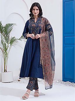 Yufta - Women Navy Blue Cotton A Line Patch Work Kurta with Pant and Dupatta