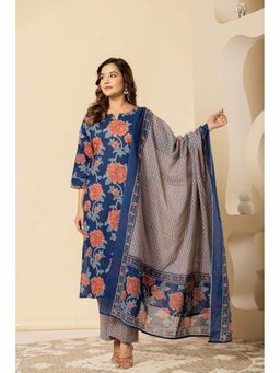 Do Dhaage - Women Floral Printed Cotton Blue Kurta with Pant and Dupatta
