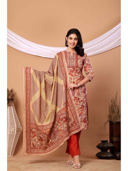 Do Dhaage - Women Rust Floral Printed Cotton Kurta with Pant and Dupatta