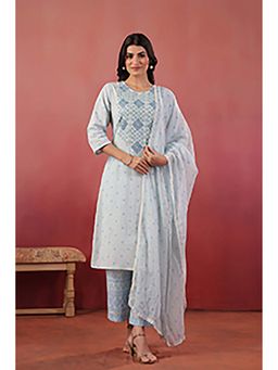 SAVI - Women Sky Blue Embroidered Designer Kurta with Pant and Dupatta
