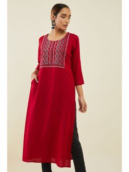 Soch - Red Rayon Straight Kurta With Embroidered Yoke And Pockets