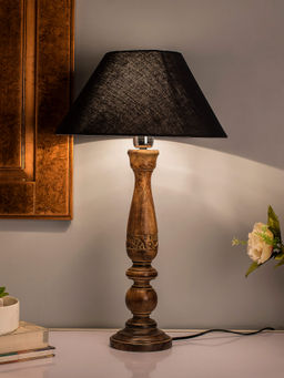 Homesake - Carved Black Wood Table Lamp Black Shade