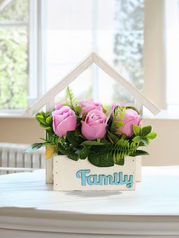 The Better Home - Artificial 7 Headed Pink Rose Plant with Pot