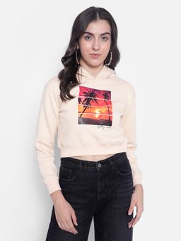 CRIMSOUNE CLUB - Womens Peach Printed Hooded Crop Sweatshirt