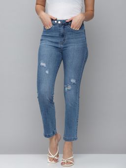 SHOWOFFFF - Womens High-rise Blue Mildly Distressed Jeans