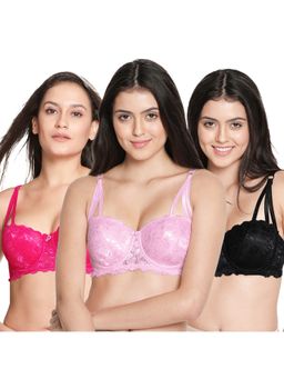 Shyaway - Susie Demi Coverage wired Strappy Front Balconette Padded Bra -Multi-Color (Pack of 3)