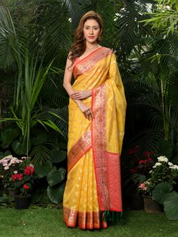 Beatitude - Yellow Woven Organza Banarasi Saree with Unstitched Blouse
