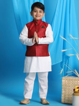 Vastramay - Boys Maroon & White Jacket With Kurta & Pyjama (Set of 3)