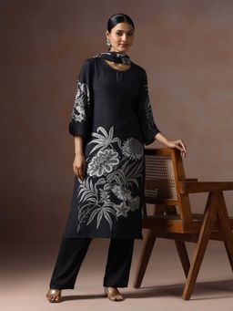 Shree - Women Muslin Black Floral Print Kurta with Pant and Dupatta
