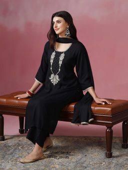 Shree - Women Liva Black Embroidered Kurta with Pant and Dupatta