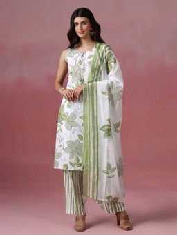Shree - Women Cotton GreenFloral Printed Kurta with Pant and Dupatta