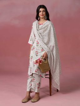Shree - Women Cotton Flex Off White Printed Kurta with Pant and Dupatta