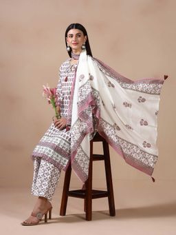 Shree - Women Cotton Off White Floral Printed Kurta with Pant and Dupatta