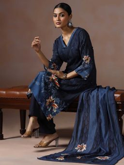 Shree - Women Liva Navy Blue Printed Floral Kurta with Pant and Dupatta