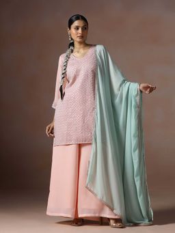Shree - Women Georgette Pink Embroidered Kurta with Palazzo and Dupatta