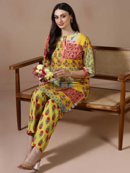 Shree - Women Cotton Mustard Printed Kurta and Pant