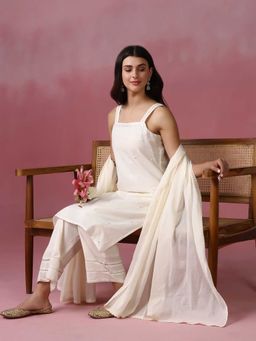 Shree - Women Cotton Off White Embroidered Kurta with Pant and Dupatta