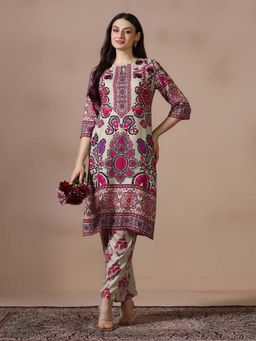 Shree - Women Liva Beige Floral Printed Kurta and Pant
