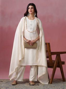 Shree - Women Cotton Off White Solid Embroidered Kurta with Pant and Dupatta