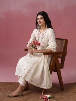 Shree - Women Cotton Voile Off White Embroidered Kurta with Pant and Dupatta