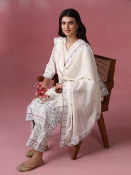 Shree - Women Cotton Off White Embroidered Kurta with Pant and Dupatta