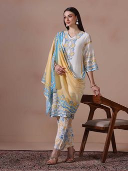 Shree - Women Chanderi Off White Printed Kurta with Pant and Dupatta