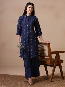 Shree - Women Poly Cotton Navy Blue Yarn Dyed Kurta and Pant