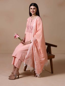Shree - Women Poly Cotton Peach Embroidered Kurta with Pant and Dupatta